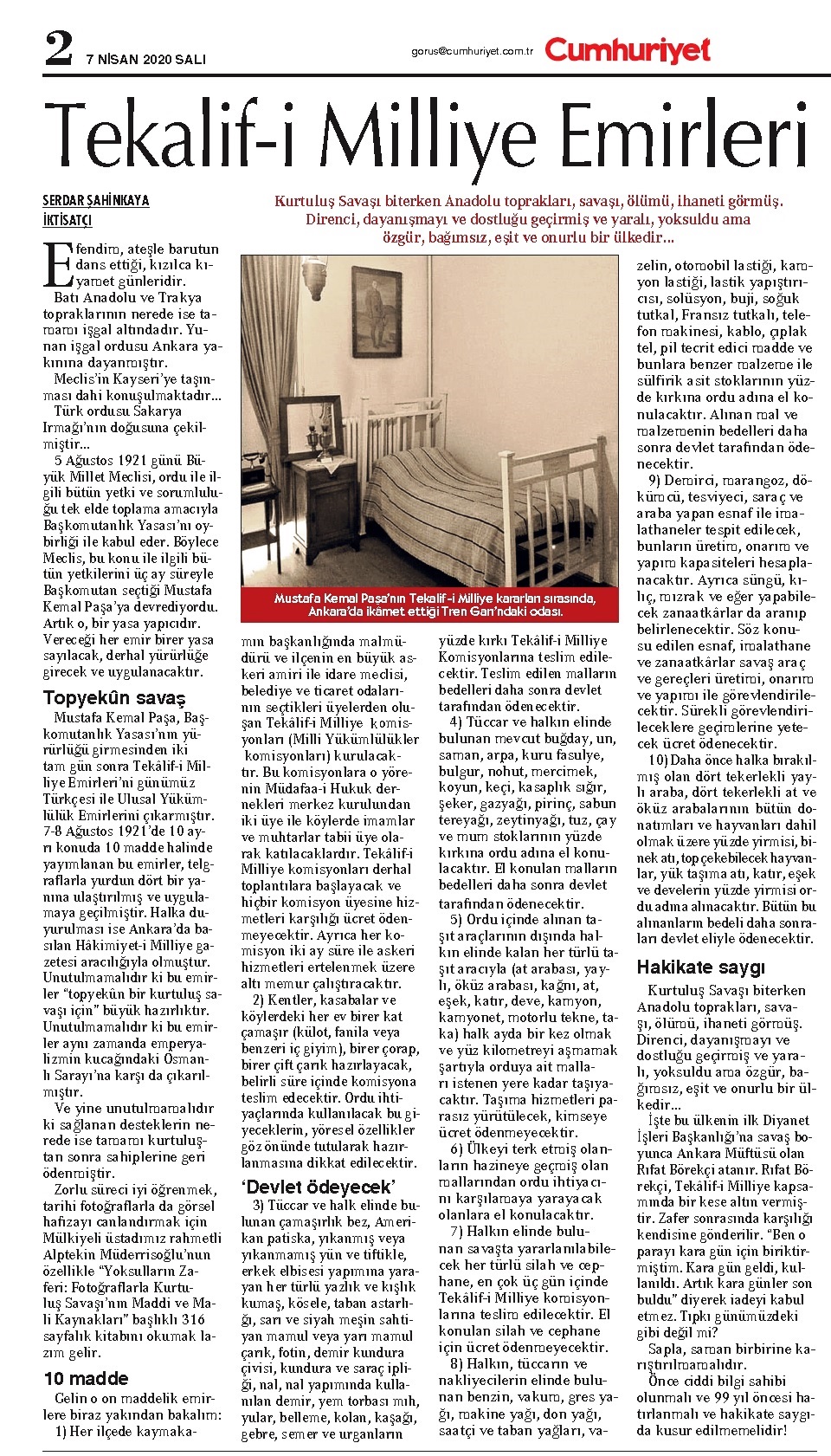 Serdar Şahinkaya-TEKALİF-İ MİLLİYE EMİRLERİ-Cumhuriyet Gazete-7 Nisan 2020